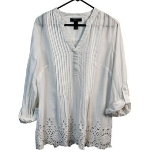 Style & Co Large White Cotton Eyelet Blouse Boho Sequin Neck Roll Tab Sleeve